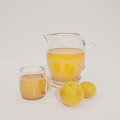Orange juice in a glass and decanter on a white background. Realistic 3D render of a drink with oranges.