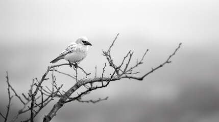 High-contrast black-and-white raven perched on a bare tree branch, highlighting its sleek form against a stark background.