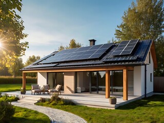 Close-up of a new suburban house with a photovoltaic system on the roof. Simple and modern environmentally friendly house with solar panels on the gable roof, with sunlight during the day