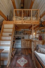 Cozy Tiny House Interior - A charming and well-organized tiny house interior featuring a loft bedroom, compact kitchen, and rustic wooden accents, perfect for minimalist living.