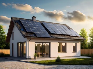 Fototapeta premium Close-up of a new suburban house with a photovoltaic system on the roof. Simple and modern environmentally friendly house with solar panels on the gable roof, with sunlight during the day