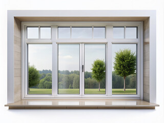 Clean and sleek modern house window frame isolated on a pure white background, showcasing sleek lines, minimalist design, and large glass panes.