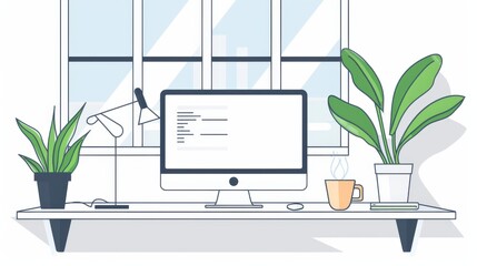Fototapeta premium Minimalist Home Office Desk with Plants and Coffee