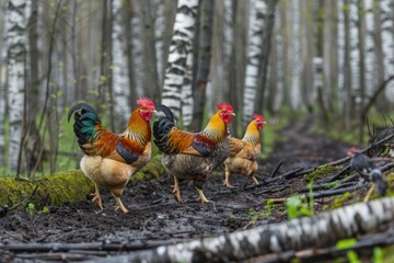 Fototapeta premium group of chickens and rooster walking in farm land spring time agriculture concept
