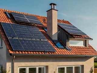 Fototapeta premium Close-up of a new suburban house with a photovoltaic system on the roof. Simple and modern environmentally friendly house with solar panels on the gable roof, with sunlight during the day