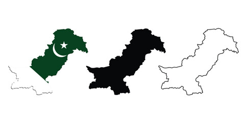 Pakistan map  flag icon set. Set of maps of Pakistan. Flag on the map. Silhouette of the card. Vector illustration on white background. eps 10.

