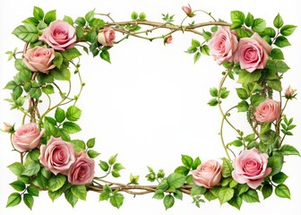 Naklejka premium Delicate pink rose frame adorned with lush ivy, vines, and green leaves on intricately cutout branches with transparent background, perfect for love-themed celebration cards.