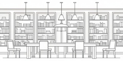 Obraz premium Minimalist outline illustration of a quiet library with bookshelves, reading tables, and lamps, ready for coloring, in simple vector format for UHD wallpaper design.