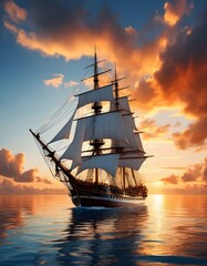Obraz premium Majestic Ship with Billowing Sails at Sunset, ship in the sunset