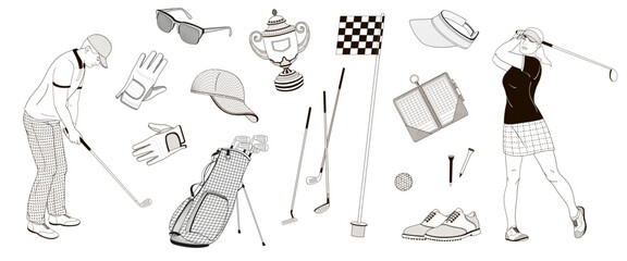golf players male and female characters and set elements about golf - clubs, shoes, flag, sunglasses, competition cup, gloves, golf bag, ball, clash notebook