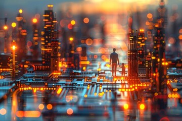 Fototapeta premium Abstract cityscape with glowing digital elements symbolizing technology innovation and urban life