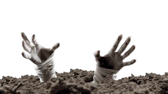 Scary mummy's hands emerging from the ground, wrapped in tattered bandages. Ideal for Halloween, horror, or spooky-themed designs. Transparent background.