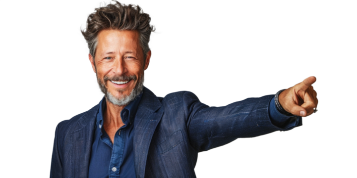 Confident and cheerful middle-aged man with gray hair and beard, wearing a blue blazer, pointing directly at the viewer with a smile. Transparent background.