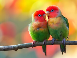 Obraz premium Vibrant Lovebirds Perched Together Symbol of Companionship and Love