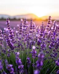 Naklejka premium A vast lavender field at sunset, with mountains in the background
