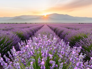 Fototapeta premium A vast lavender field at sunset, with mountains in the background