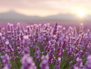 Obraz premium A vast lavender field at sunset, with mountains in the background