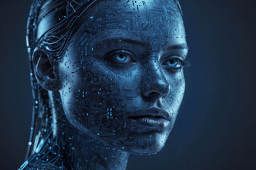 Obraz premium Abstract woman's face is made of computer chips and wires. The image conveys a futuristic and technological vibe, with the woman's face appearing almost robotic