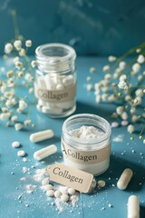 collagen powder and capsules on the table. Selective focus.