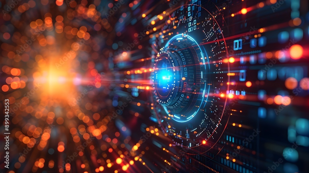 Poster futuristic holographic display with glowing digital elements and data streams in cyber background