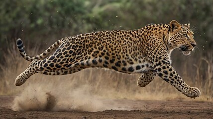 Leopard long jump, hunting, running to catch its prey easily, it somehow looking sideways, side-eye