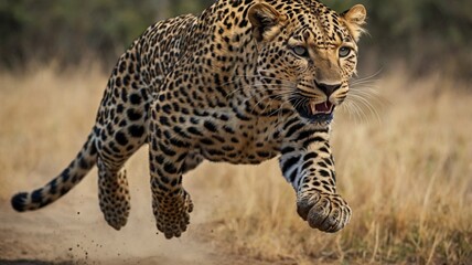 Obraz premium Leopard hunting, running to catch its prey easily