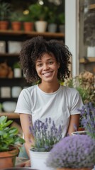 woman wearing an oversized white t-shirt in her rustic garden store