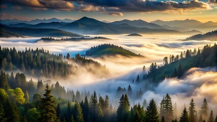 Majestic Mountain Peaks Emerging from a Sea of Fog at Sunrise.