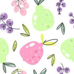 Seamless pattern with bright fruits, stylized fruits, pattern for fabric, packaging, covers, background.
