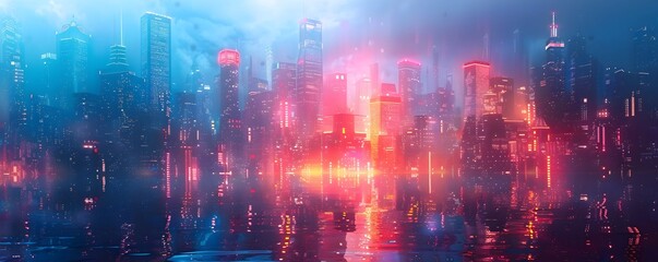 Obraz premium Futuristic City Skyline with Glowing Digital Elements and Moody Sci Fi Atmosphere