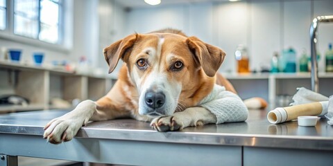 A distressed dog with a bandaged leg and surgical collar lies on a veterinary clinic table, surrounded by medical equipment and medication.