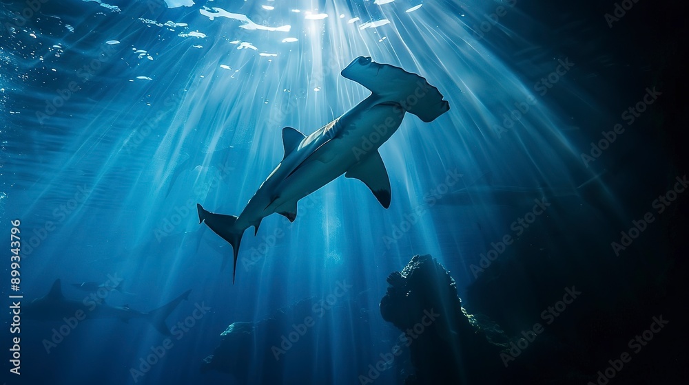 Canvas Prints hammerhead sharks silhouette with rays of light underwater 