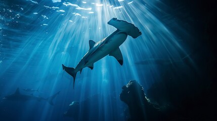 hammerhead sharks silhouette with rays of light underwater 