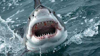 Naklejka premium A scary great white shark pokes its head out of the sea water, ready to attack