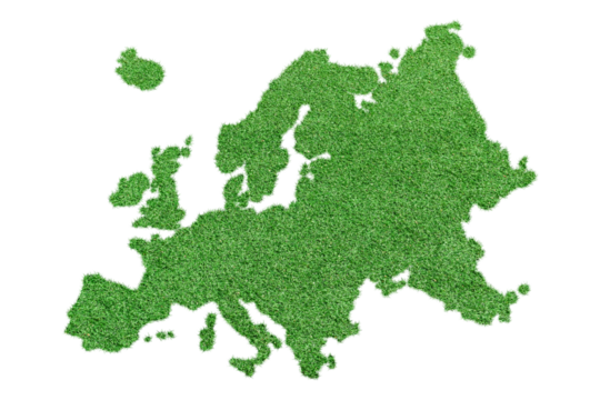 Map of Europe made from green grass isolated on transparent background, PNG File