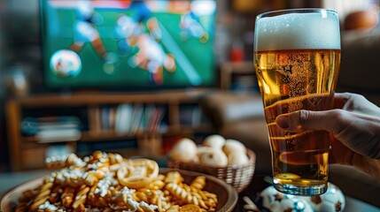 A glass of beer and snacks in front of a TV with football in the background. Selective focus.