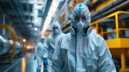 Group of industrial workers in protective suits and masks, showcasing safety measures in a high-tech facility, emphasizing health and security protocols.