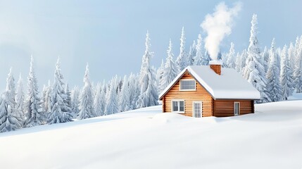 Cozy cabin in the snow, chimney smoke, pine trees, watercolor style