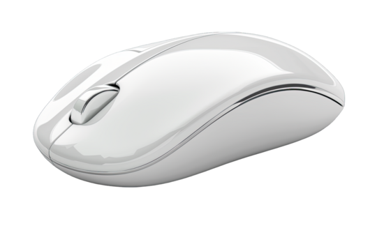 Modern white computer mouse isolated on a white background. Sleek design, perfect for minimalist tech setups and enhancing workspace aesthetics.