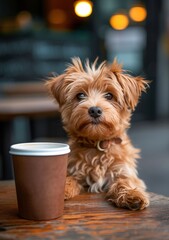 Adorable Yorkshire Terrier sitting at a café table, curiously looking at a coffee cup, embodying urban pet culture and relaxed coffee moments.