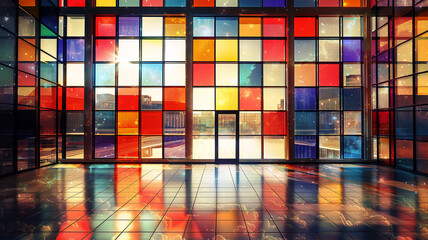Colorful abstract mosaic tiles background, a vibrant and modern room with a wall of colorful glass panels in red, blue, yellow, and other bright colors, a Korean traditional style color combination