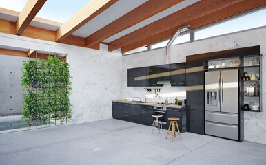 modern kitchen in a loft with concrete walls