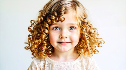 Fototapeta premium Adorable Young Girl with Curly Hair Smiling at Camera - High-Resolution Photograph for Lifestyle and People Projects