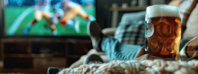 Fototapeta premium A fan with a glass of beer against the background of a football TV. Selective focus.