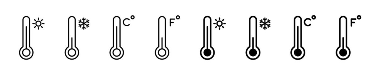 Thermometer icon. Temperature, thermometer icon set. Weather, thermometer outline symbol collection. Vector