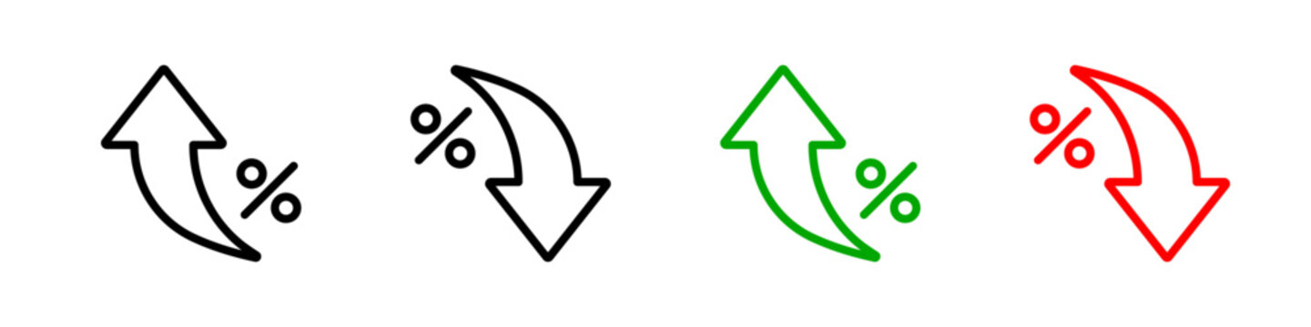 Percent arrow icon. Growth, increase, decrease arrow filled icons. Up arrows, down arrows. Vector