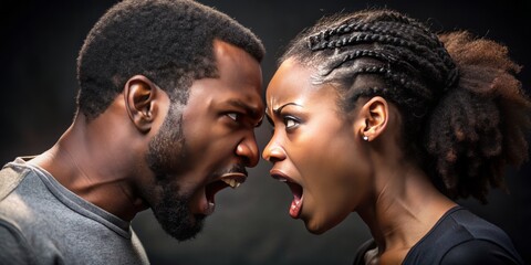 Intense closeup profile view of an arguing African American couple, young adult woman yelling, dark studio background, conveying heated conflict and marital discord.