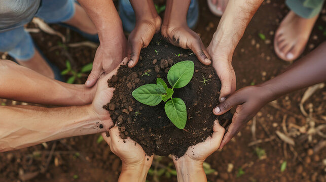 Teamwork and growth with plants in the hands of a group or team of eco people for agriculture and collaboration in a green business. Diverse people holding growing sprouts in a startup company