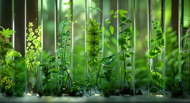 A row of green plants are in glass tubes. The plants are all different types and sizes. The tubes are lined up next to each other, creating a sense of order and organization