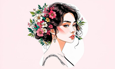 Beautiful Floral Hairpiece Illustration of Woman | Elegant Portrait Art